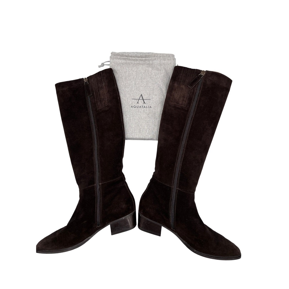 Aquatalia Tall Boots Womens 7.5 Brown Excellent Suede Square Toe Made in Italy